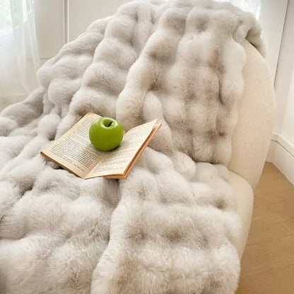 Plush cream & gradient pink double layer faux fur bedroom blanket