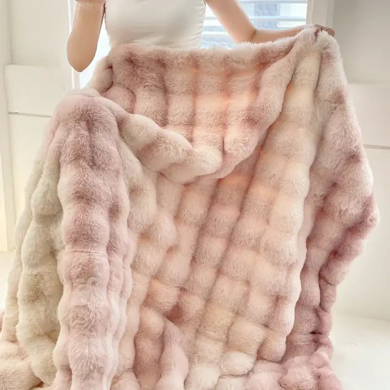 Plush cream & gradient pink double layer faux fur bedroom blanket