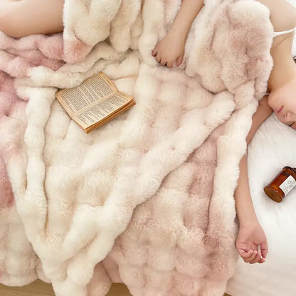 Plush cream & gradient pink double layer faux fur bedroom blanket