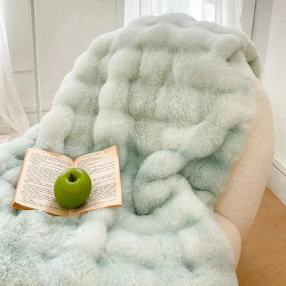 Plush cream & gradient pink double layer faux fur bedroom blanket