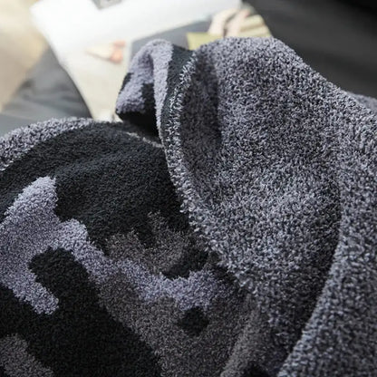 Plush dark gray & black camouflage knitted throw blanket bedroom