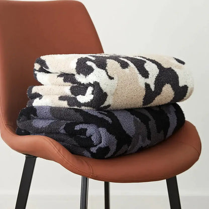 Plush dark gray & black camouflage knitted throw blanket bedroom