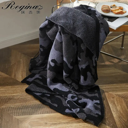 Plush dark gray & black camouflage knitted throw blanket bedroom