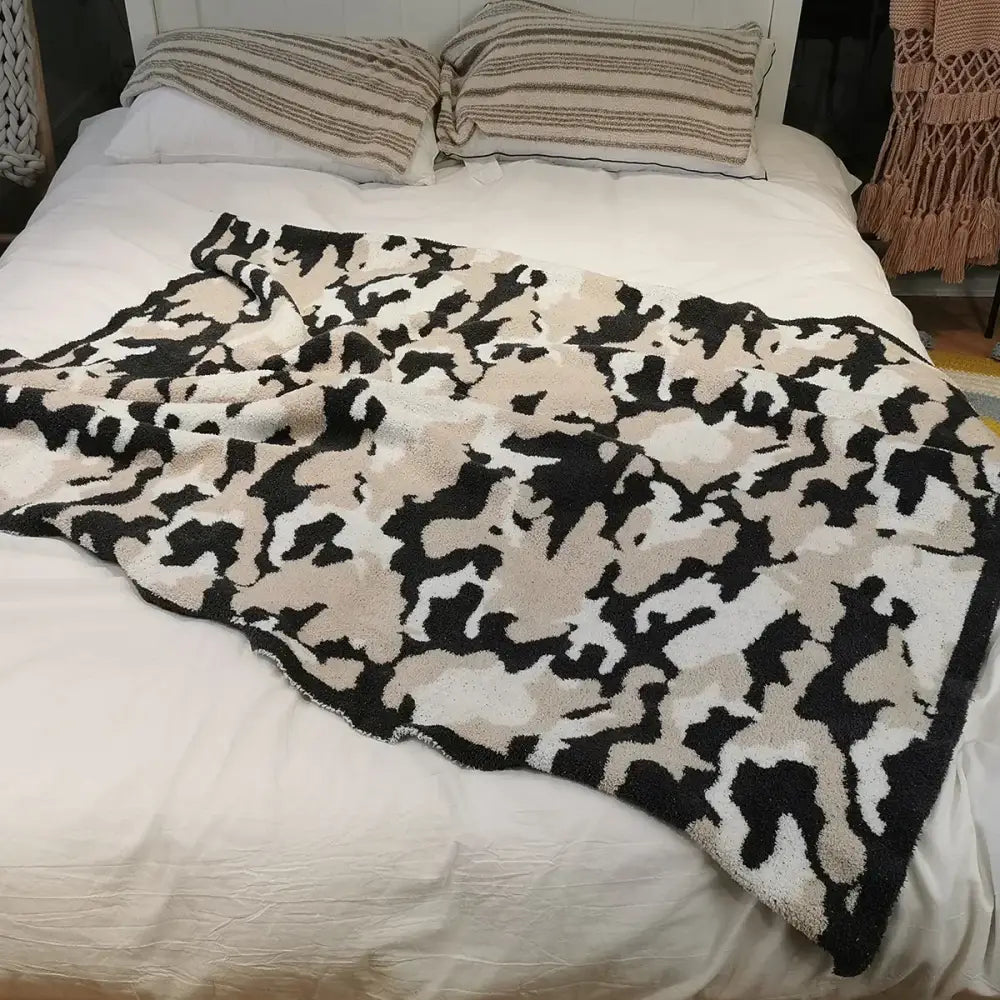 Plush dark gray & black camouflage knitted throw blanket bedroom