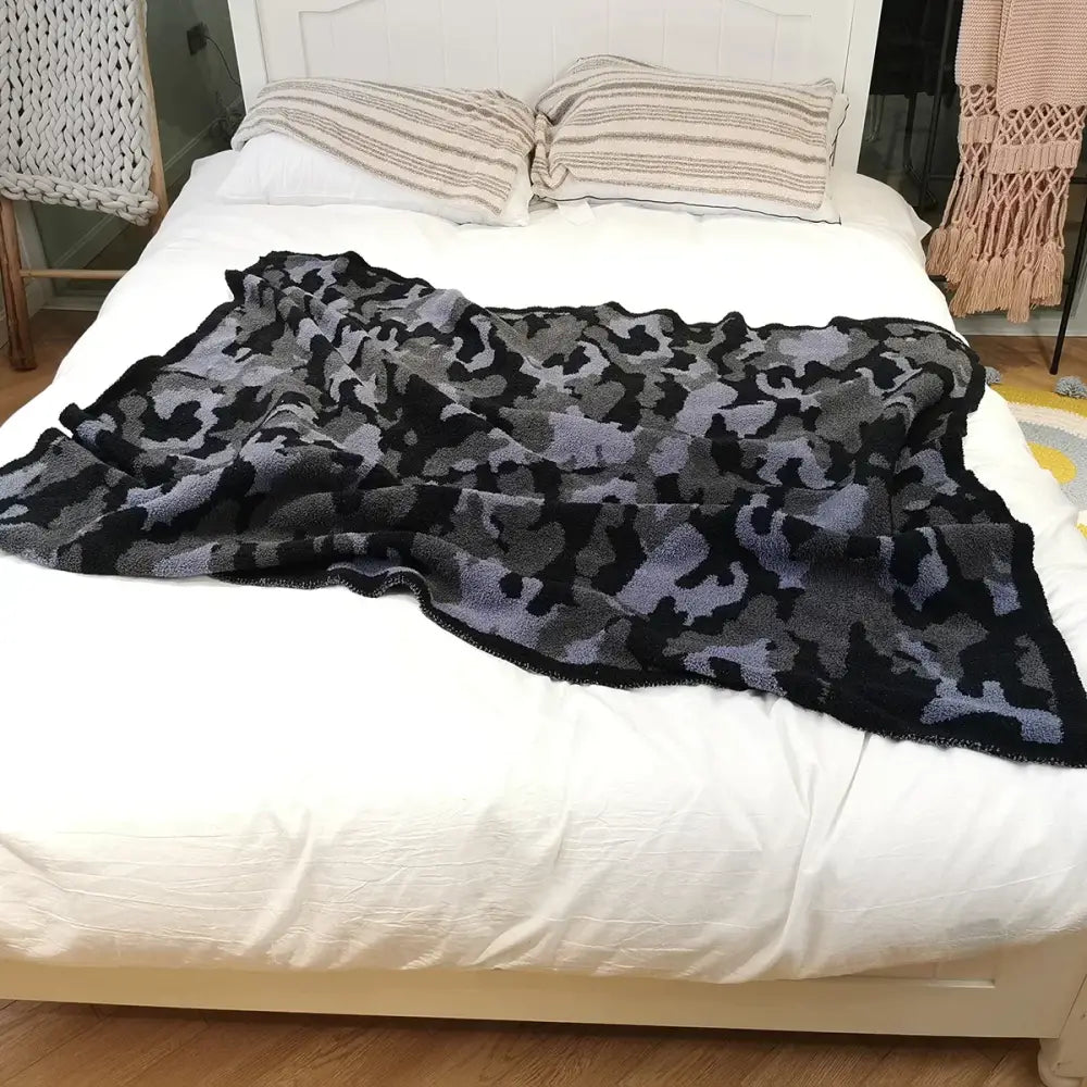 Plush dark gray & black camouflage knitted throw blanket bedroom