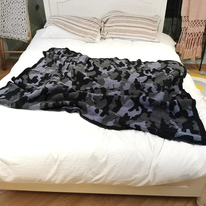 Plush dark gray & black camouflage knitted throw blanket bedroom