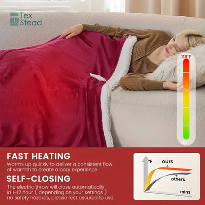 Plush deep red electric heated blanket bedroom throw with auto shut