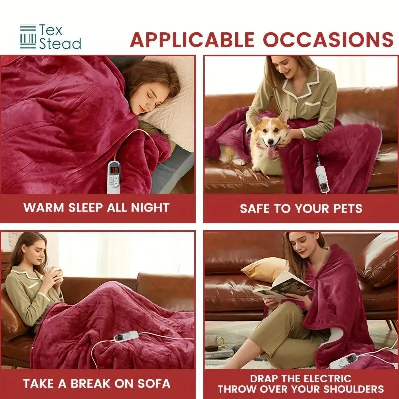 Plush deep red electric heated blanket bedroom throw with auto shut
