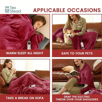 Plush deep red electric heated blanket bedroom throw with auto shut