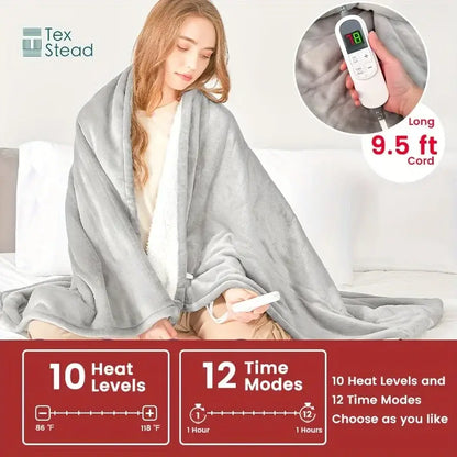 Plush deep red electric heated blanket bedroom throw with auto shut