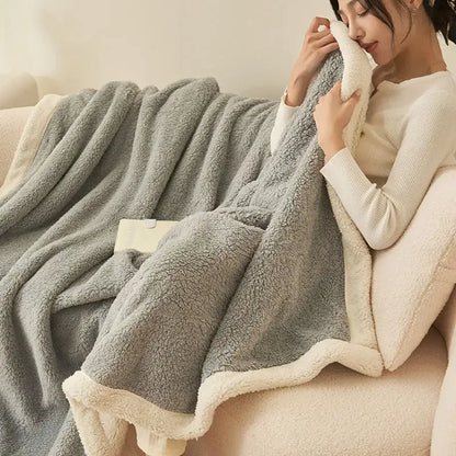 Plush gray & cream coral fleece blanket – bedroom cozy sofa cover