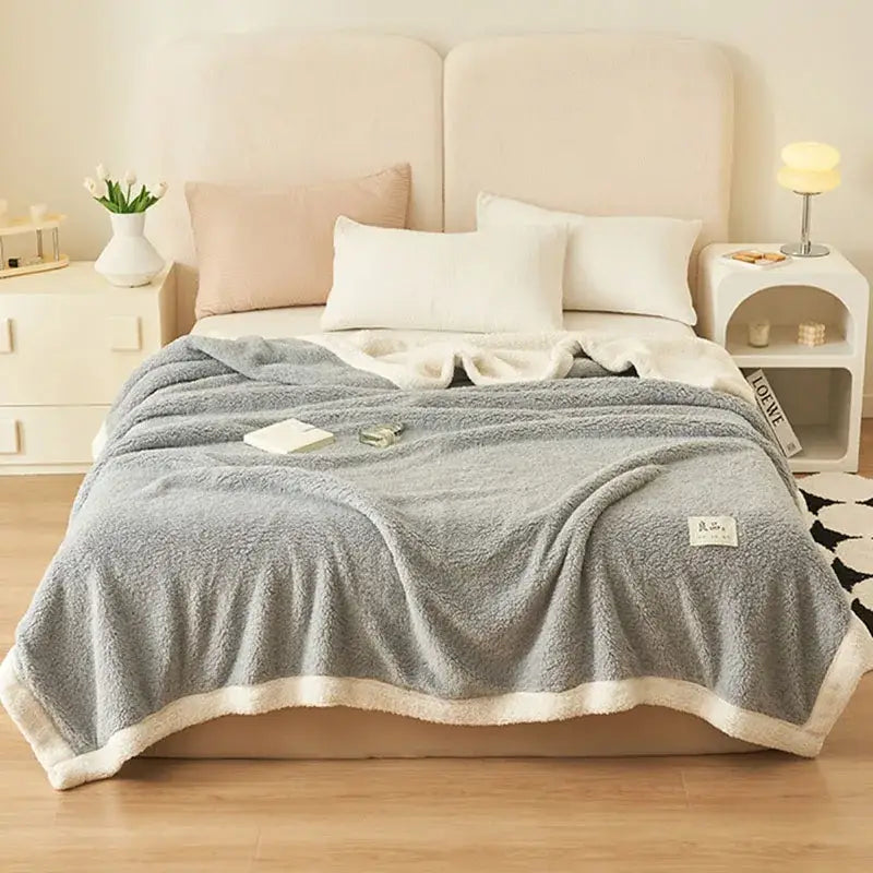 Plush gray & cream coral fleece blanket – bedroom cozy sofa cover