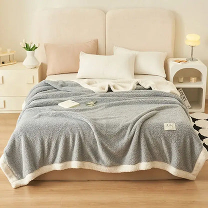 Plush gray & cream coral fleece blanket – bedroom cozy sofa cover
