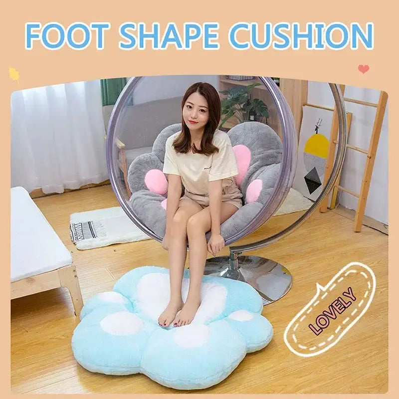 Plush gray & pink cat paw chair – bedroom decor cushion