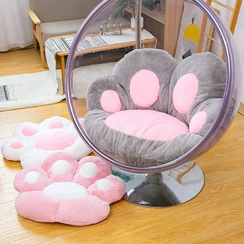Plush gray & pink cat paw chair – bedroom decor cushion