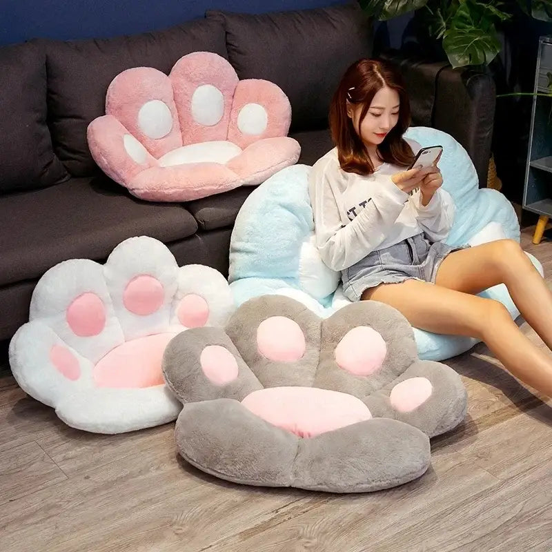 Plush gray & pink cat paw chair – bedroom decor cushion