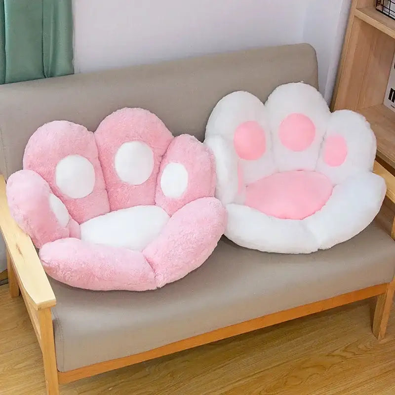 Plush gray & pink cat paw chair – bedroom decor cushion