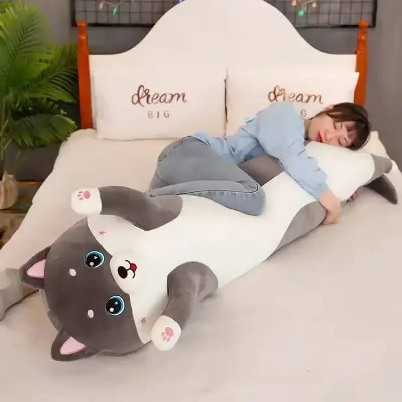 Plush gray & white cat sleeping body pillow bedroom decor
