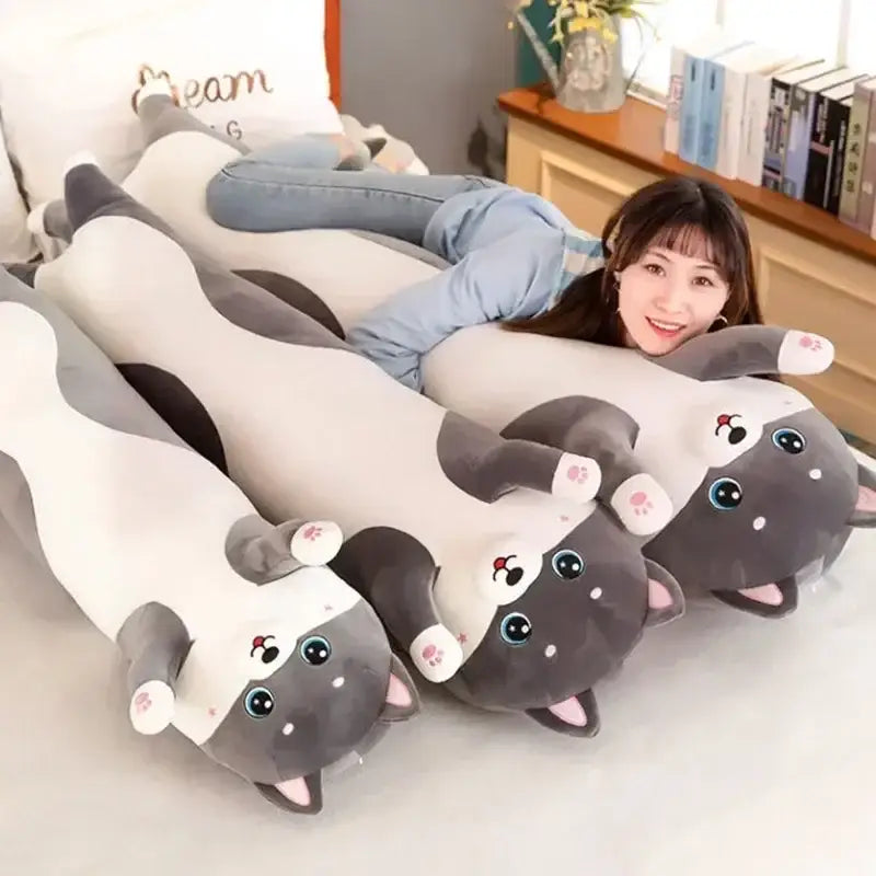 Plush gray & white cat sleeping body pillow bedroom decor