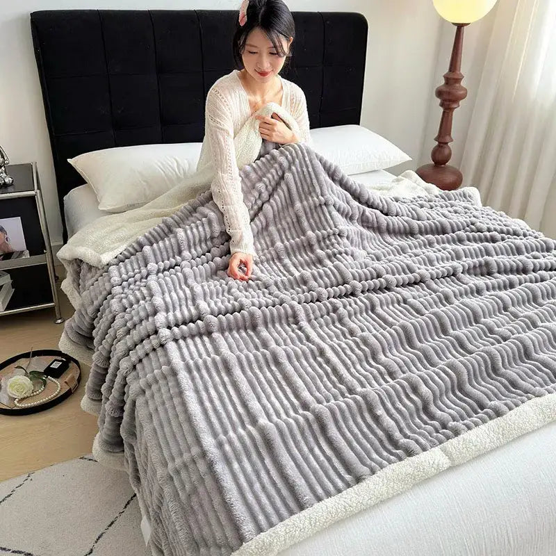 Plush gray & white ribbed sherpa blanket bedroom cozy lamb wool