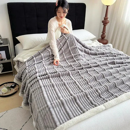 Plush gray & white ribbed sherpa blanket bedroom cozy lamb wool