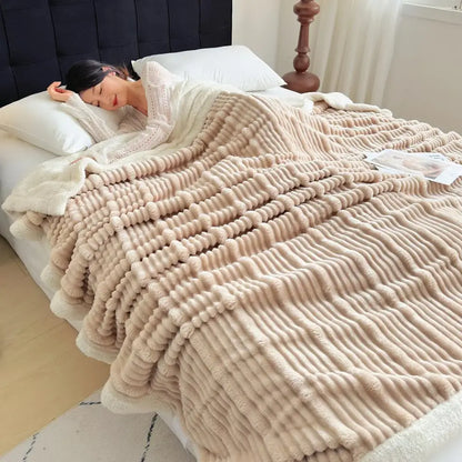Plush gray & white ribbed sherpa blanket bedroom cozy lamb wool