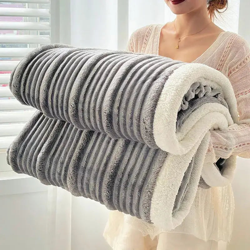 Plush gray & white ribbed sherpa blanket bedroom cozy lamb wool