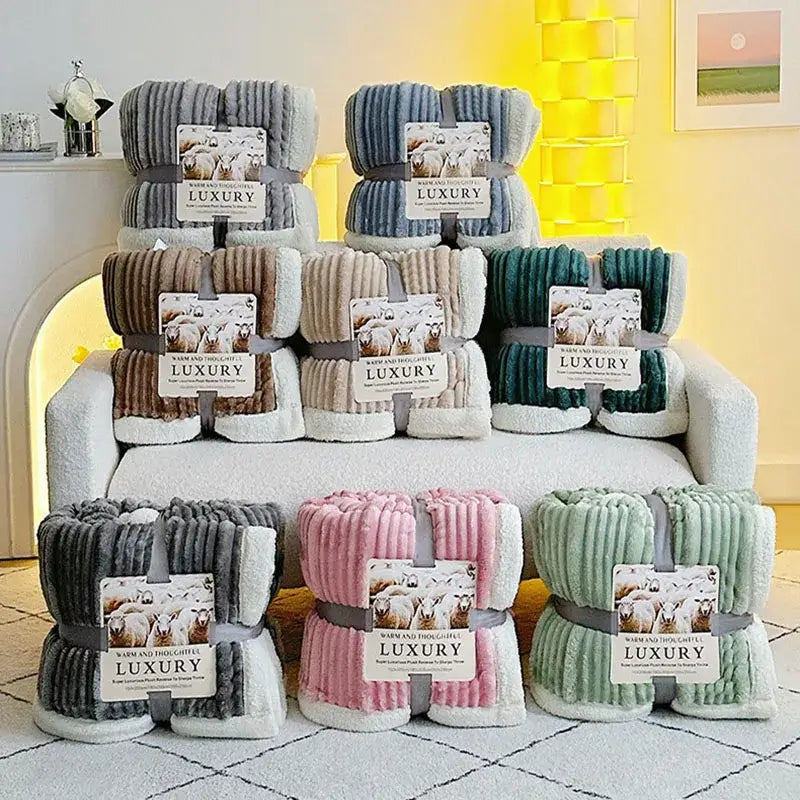 Plush gray & white ribbed sherpa blanket bedroom cozy lamb wool