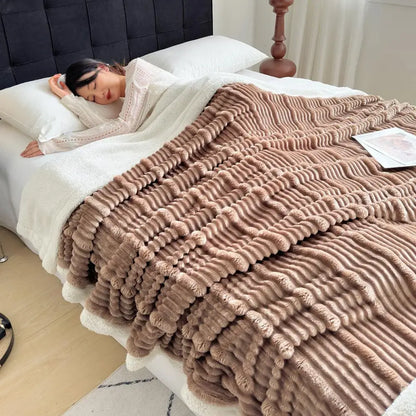 Plush gray & white ribbed sherpa blanket bedroom cozy lamb wool