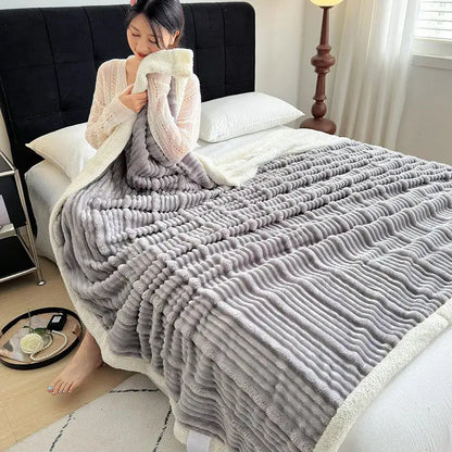 Plush gray & white ribbed sherpa blanket bedroom cozy lamb wool