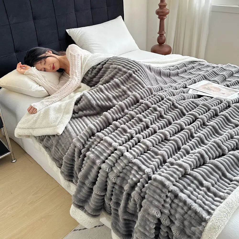 Plush gray & white ribbed sherpa blanket bedroom cozy lamb wool