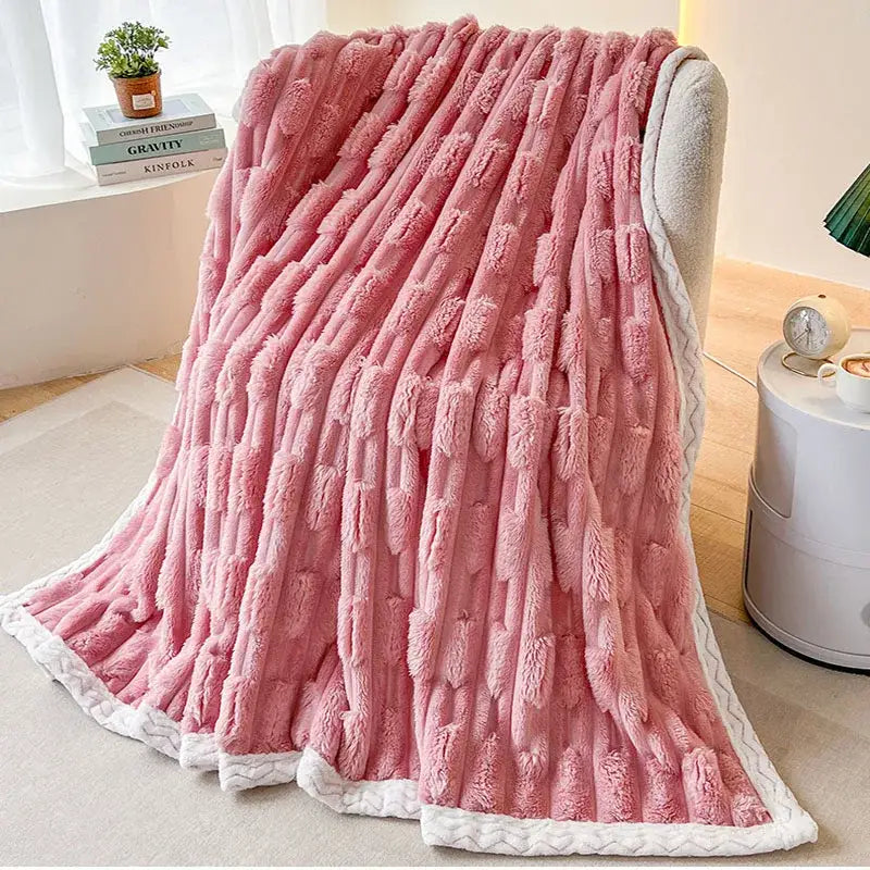 Plush pink bamboo velvet blanket bedroom throw with braided trim