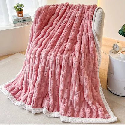 Plush pink bamboo velvet blanket bedroom throw with braided trim