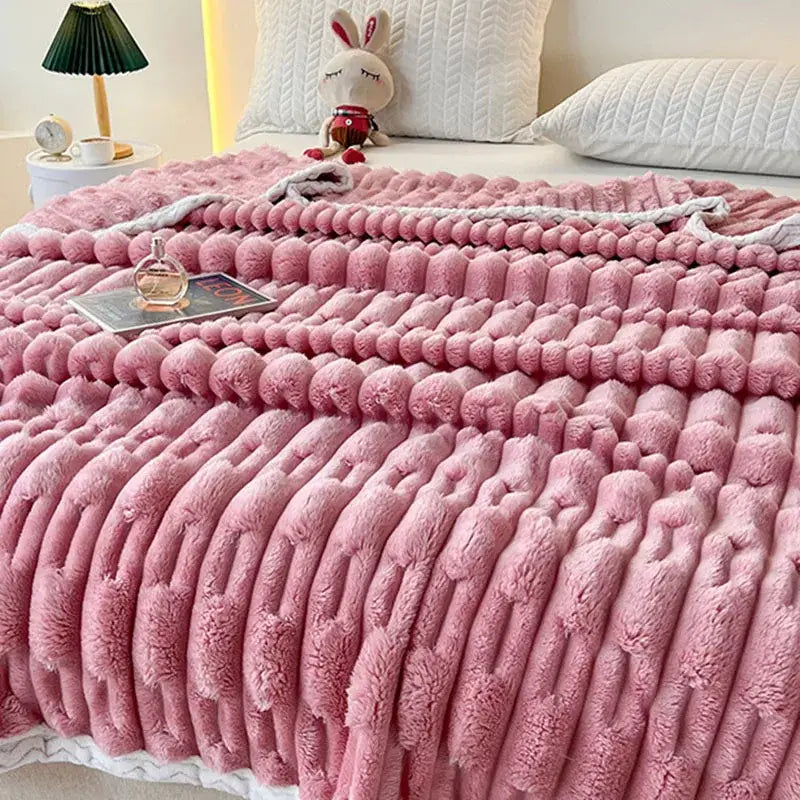 Plush pink bamboo velvet blanket bedroom throw with braided trim
