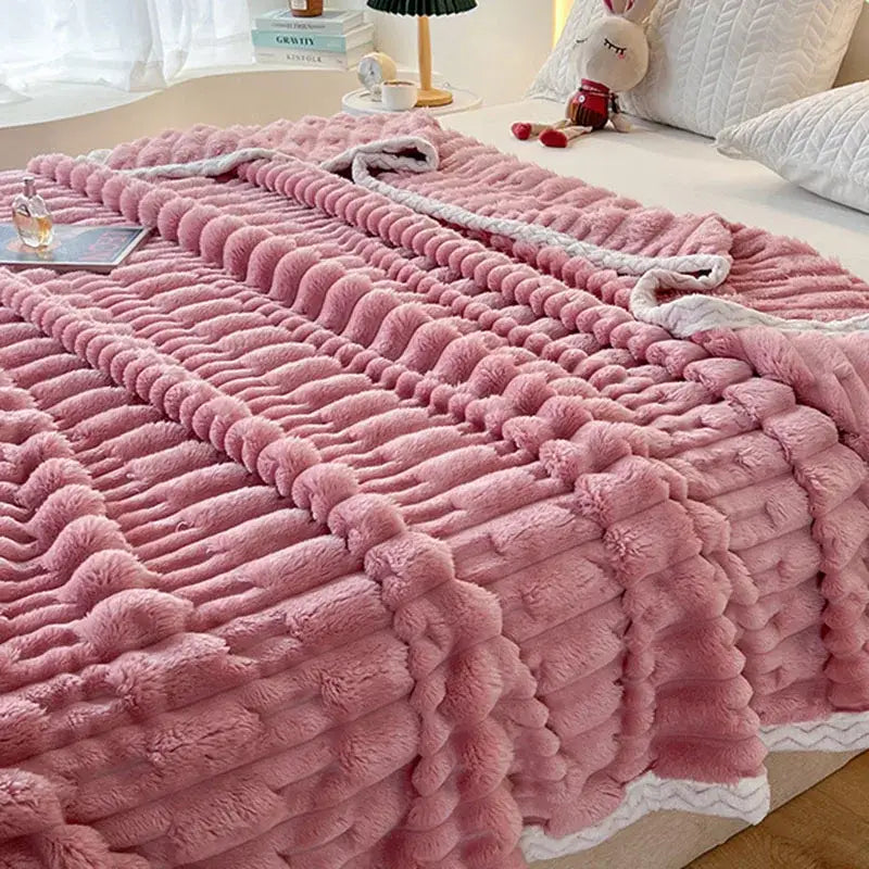 Plush pink bamboo velvet blanket bedroom throw with braided trim