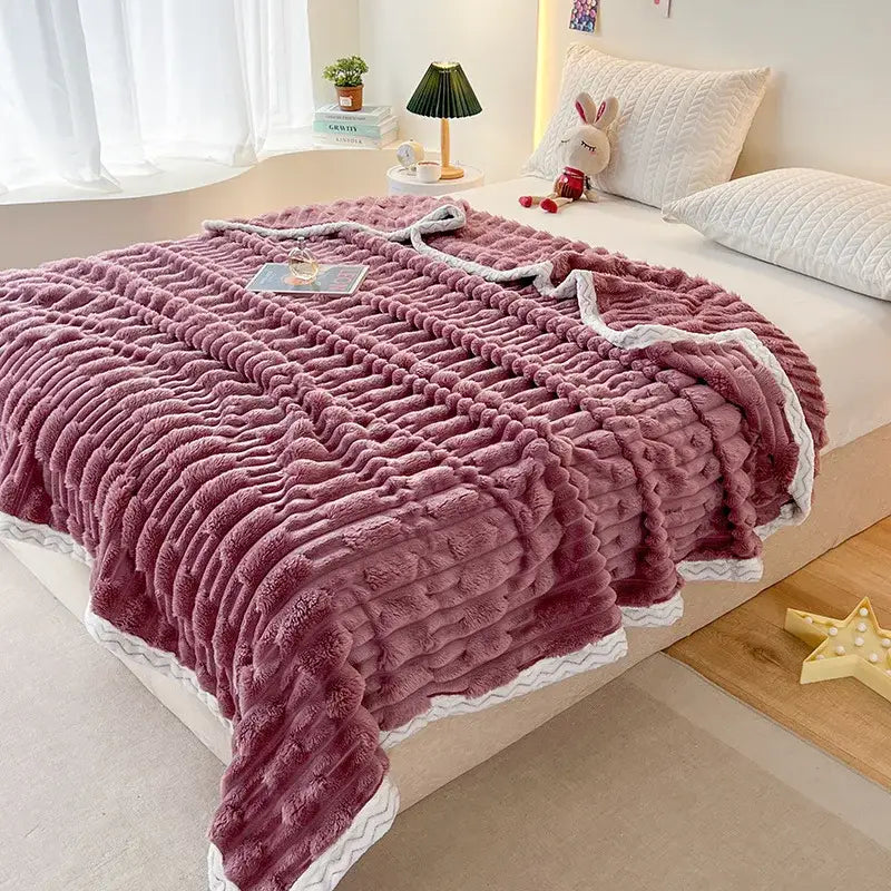 Plush pink bamboo velvet blanket bedroom throw with braided trim