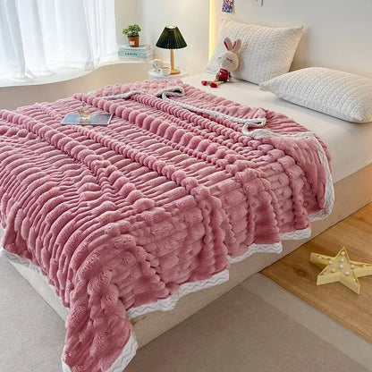 Plush pink bamboo velvet blanket bedroom throw with braided trim