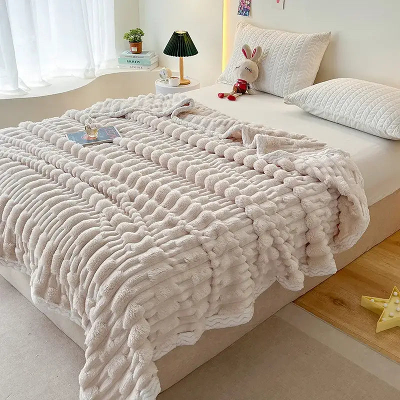 Plush pink bamboo velvet blanket bedroom throw with braided trim