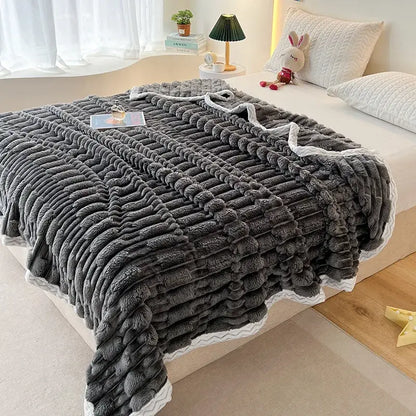 Plush pink bamboo velvet blanket bedroom throw with braided trim