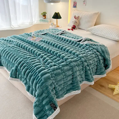 Plush pink bamboo velvet blanket bedroom throw with braided trim