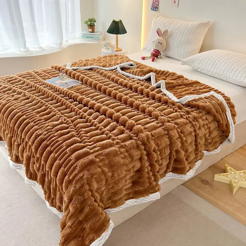 Plush pink bamboo velvet blanket bedroom throw with braided trim