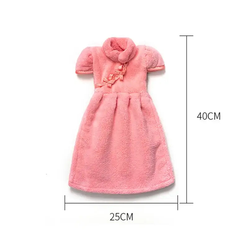 Plush pink coral fleece cheongsam hand towel for kitchen and bathroom