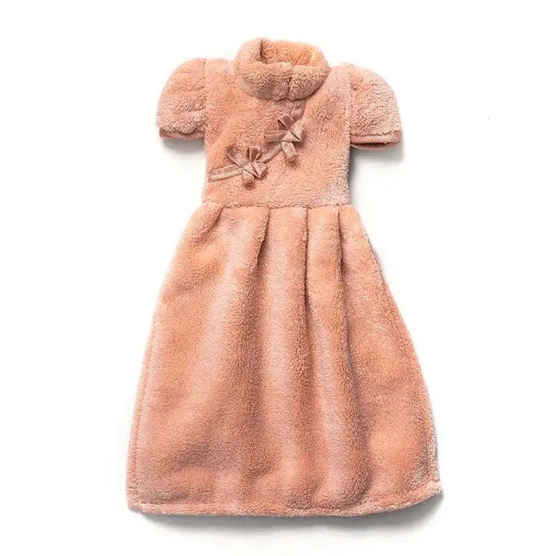 Plush pink coral fleece cheongsam hand towel for kitchen and bathroom