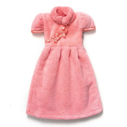 Plush pink coral fleece cheongsam hand towel for kitchen and bathroom