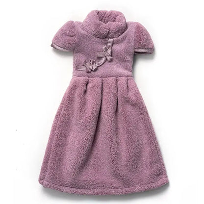 Plush pink coral fleece cheongsam hand towel for kitchen and bathroom