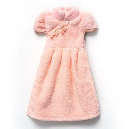 Plush pink coral fleece cheongsam hand towel for kitchen and bathroom