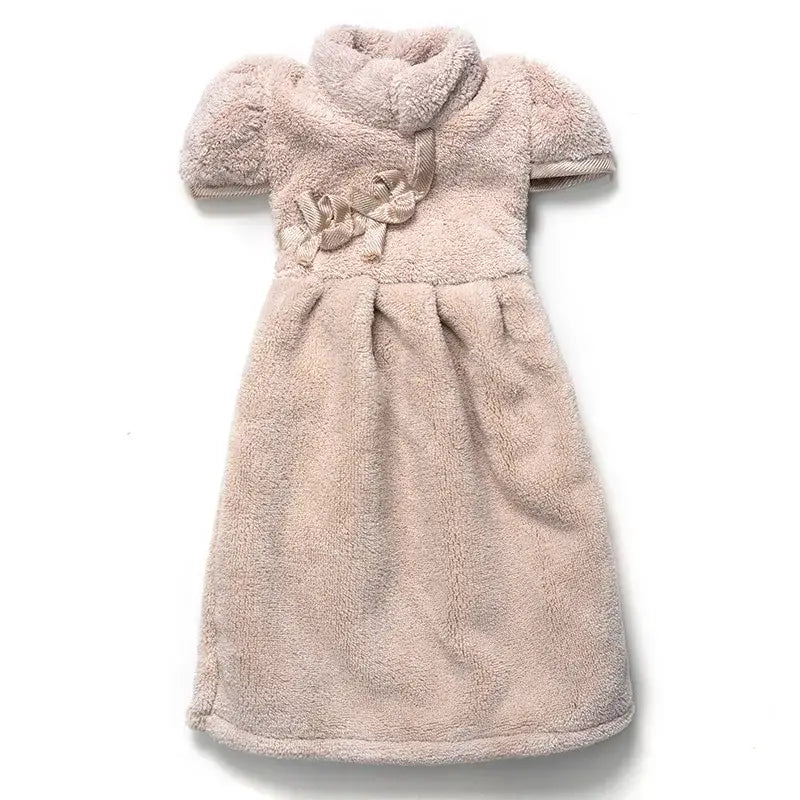 Plush pink coral fleece cheongsam hand towel for kitchen and bathroom