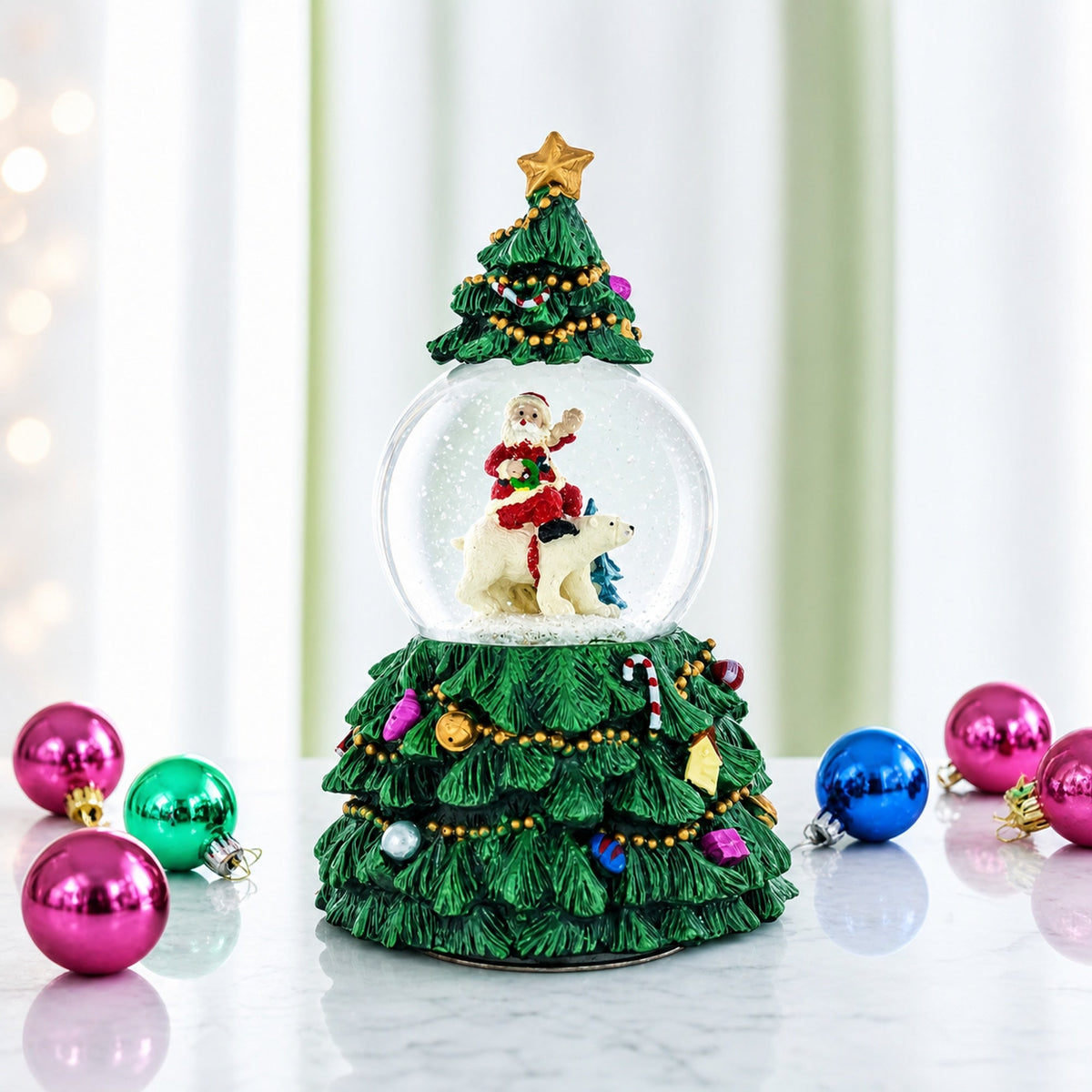 Santa's Riding Polar Bear Spinning Musical Water Snow Globe