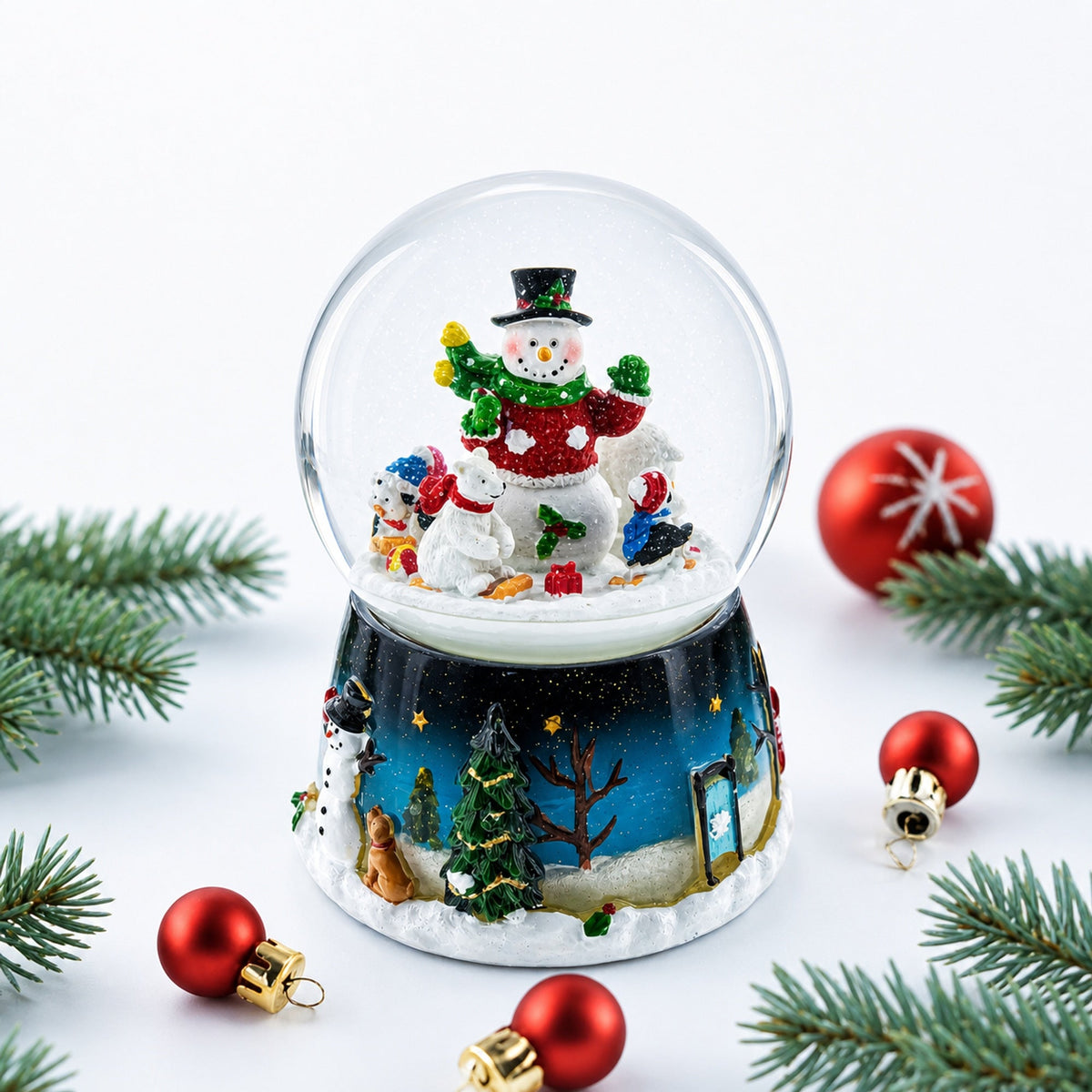 Snowman, Polar Bears, and Penguins Musical Spinning Snow Globe