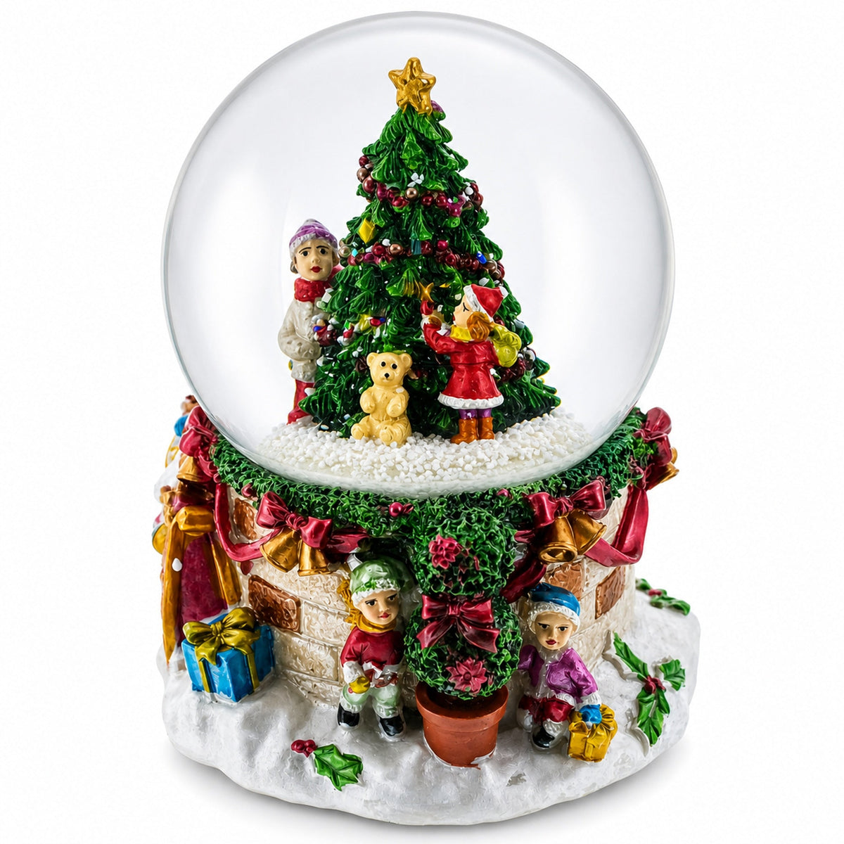 Joyful Children Adorning Christmas Tree: Musical Water Snow Globe